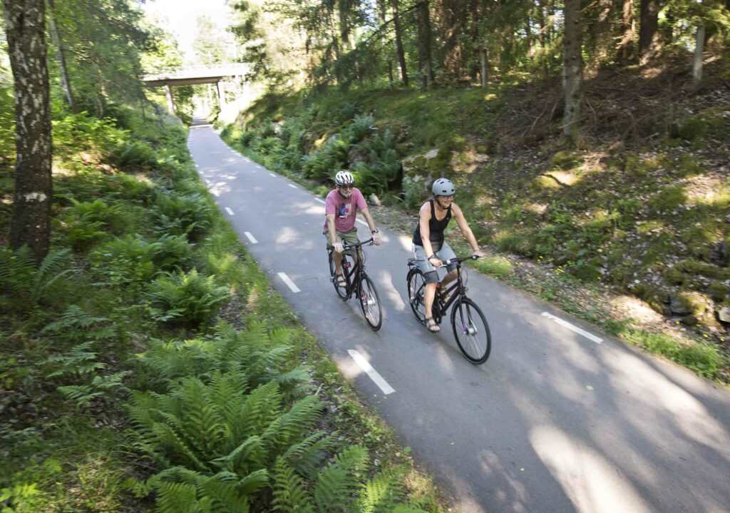 två personer som cyklar på en led i skogen