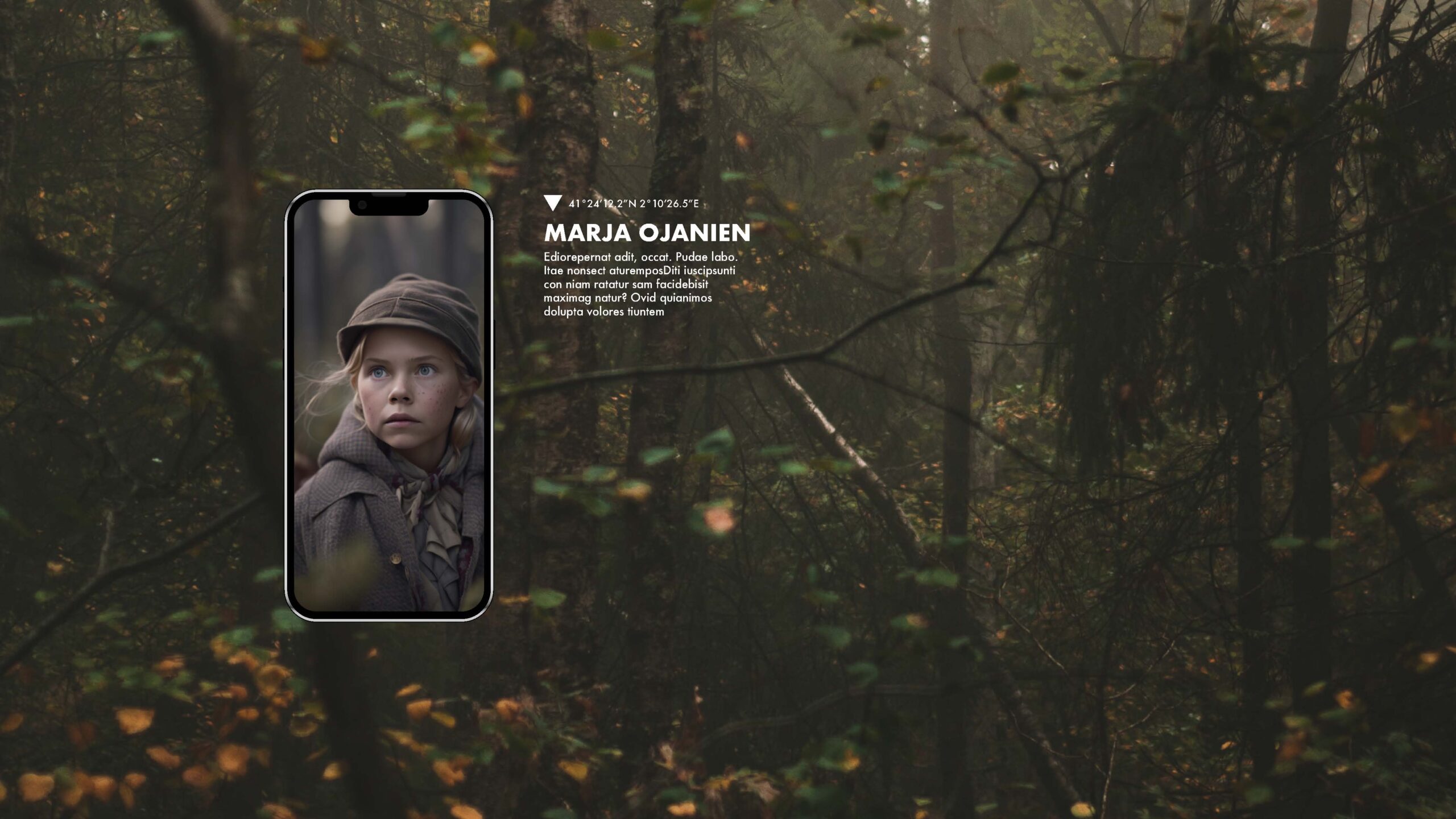 Skogsbild med flicka på infälld mobiltelefon