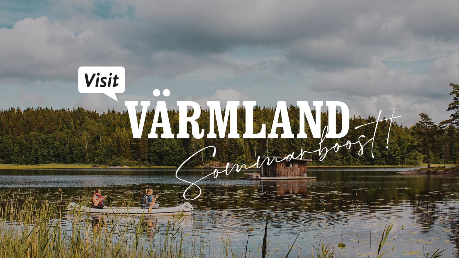 En kanot på en sjö samt en logga på bilden