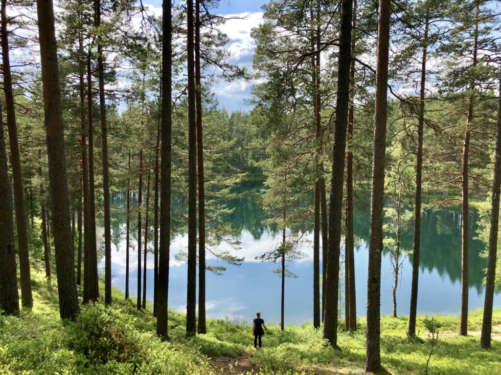 kvinna i skogen vid en sjö